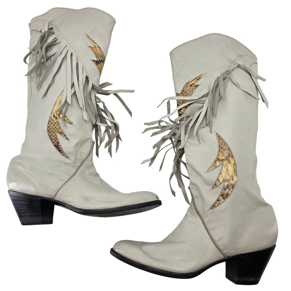 VTG Lucchese Misha‎ Leather Cowboy Boots Tan Snakeskin Fringe Metallic Gold 80s